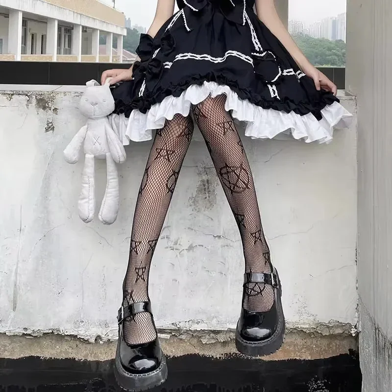 

Halloween Fishnet Tights New Pentacle Pattern Hollow Out Lace Body Stockings Women Gothic Punk Black Pantyhose Lace Mesh Tights