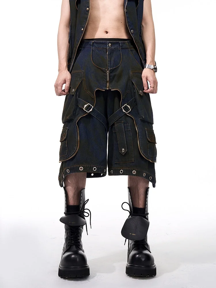 

See Dirtied Faux Two-Piece Men's Jeans Cotton Workwear Mid-Waist Summer Heavy-Stitch Patchwork Seven-Foot-Length Pants
