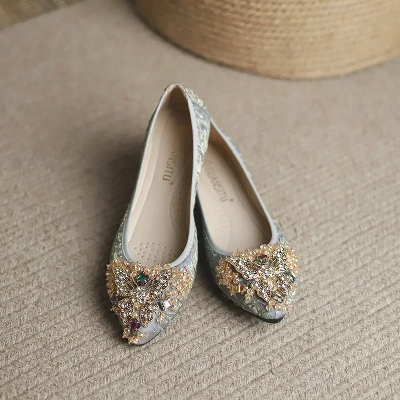 

Fashion Women Ballet Shoes Leisure Spring Pointy Ballerina Bling Rhinestone Flats Shoes Princess Shiny Crystal Wedding Shoes