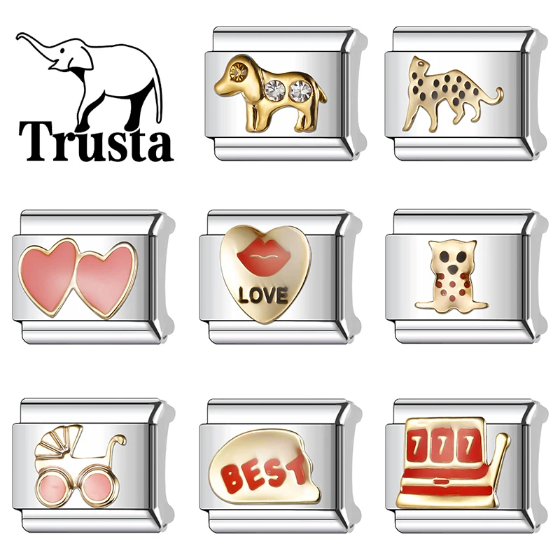 Trusta 2025 New Fashion Best Puppy Love Stroller Charms Italian Links 9mm Stainless Steel Bracelet for Women DIY Jewelry N343