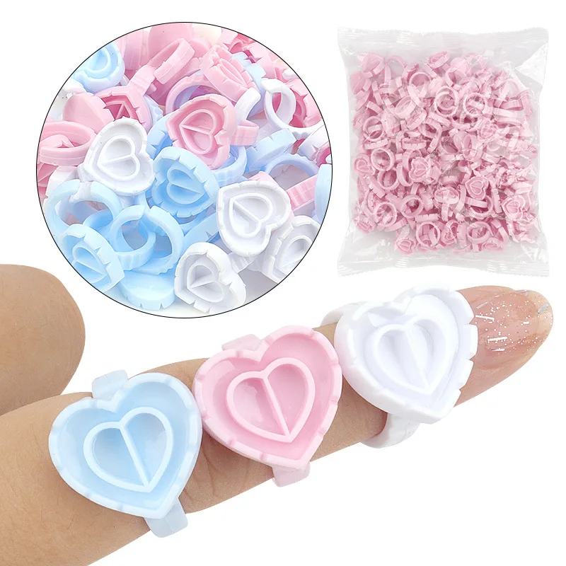 Glue Rings Disposable 100pcs New Heart Shape Eyelash Extension Finger Holder Rings Cup For Eyelashes Extension Tattoo Pigment