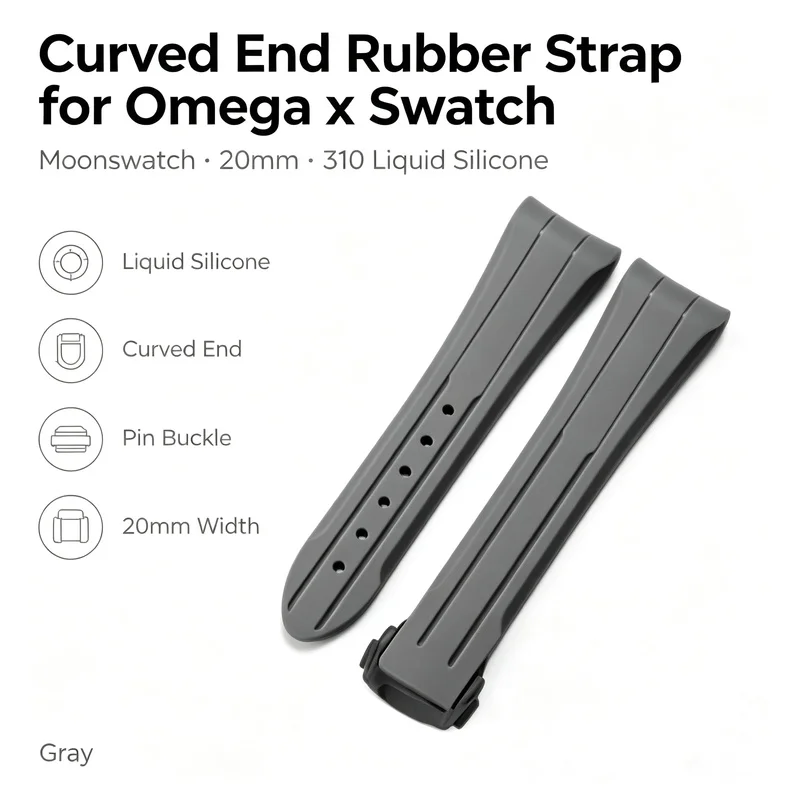 20mm Premium Curved End Rubber Strap for Omega Swatch Moonswatch 310 Gray Pin Buckle Liquid Silicone Men Replacement Watch Band