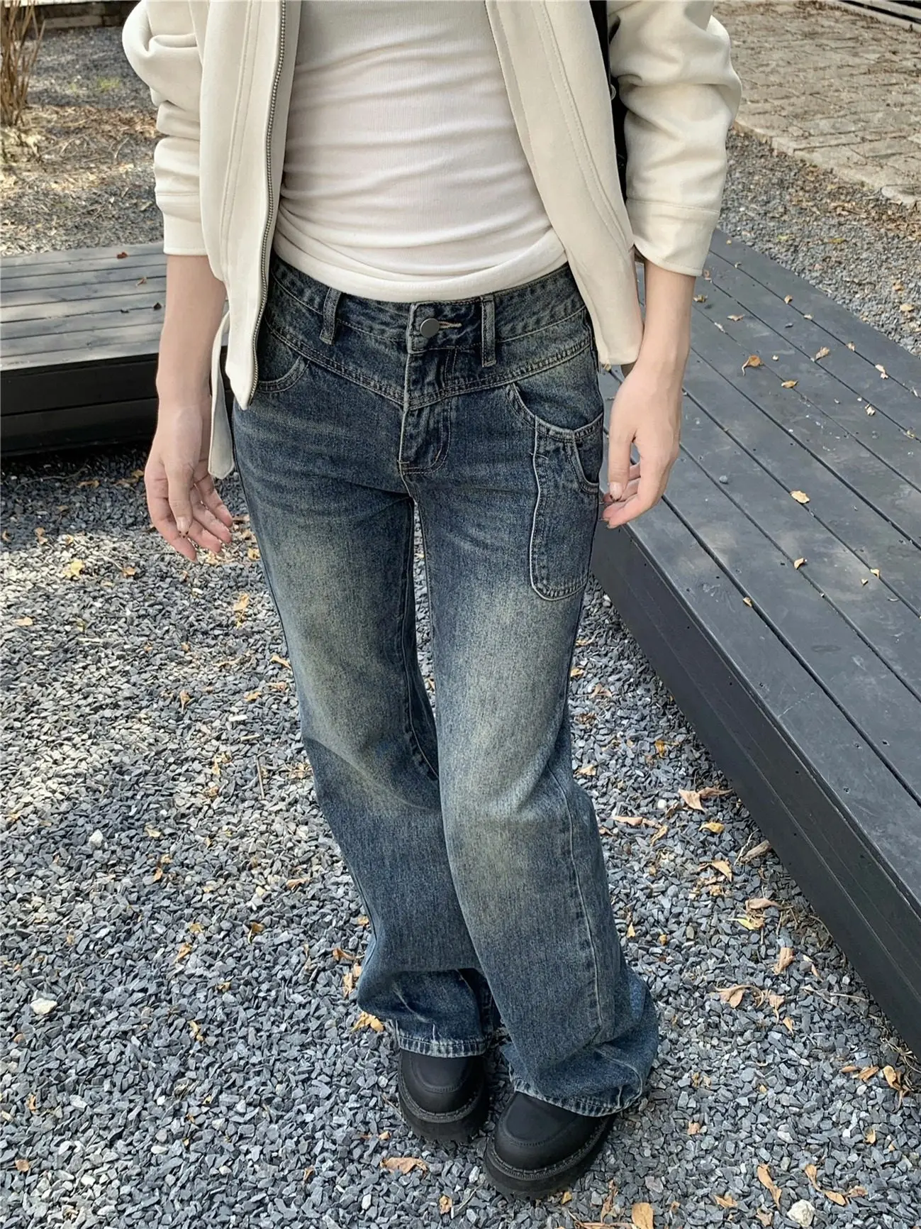 Retro Faded Bell Bot Jeans Damen-Jeans mit niedriger Taille, schmaler, bodenlanger Freizeithose, vielseitige lange Hose mit weitem Bein