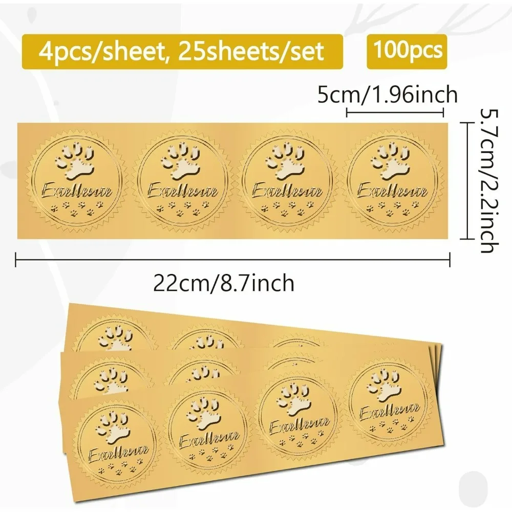 Dog Paw Print Gold Foil Embossed Certificates Stickers 2Self Adhesive Excellence Envelopes Seals Round Labels for Award Wedding