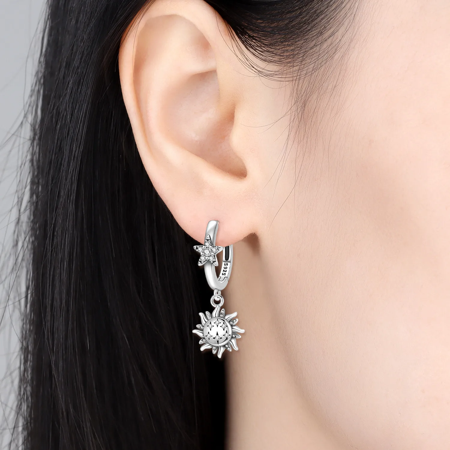 Elegante Doppelkreis-Stern-und-Mond-Ohrringe aus Echtem 925 Sterling Silber, Edle Schmuckstücke für Frauen und Mädchen, Geburtstags- und Feiertagsgeschenke – Detail 3