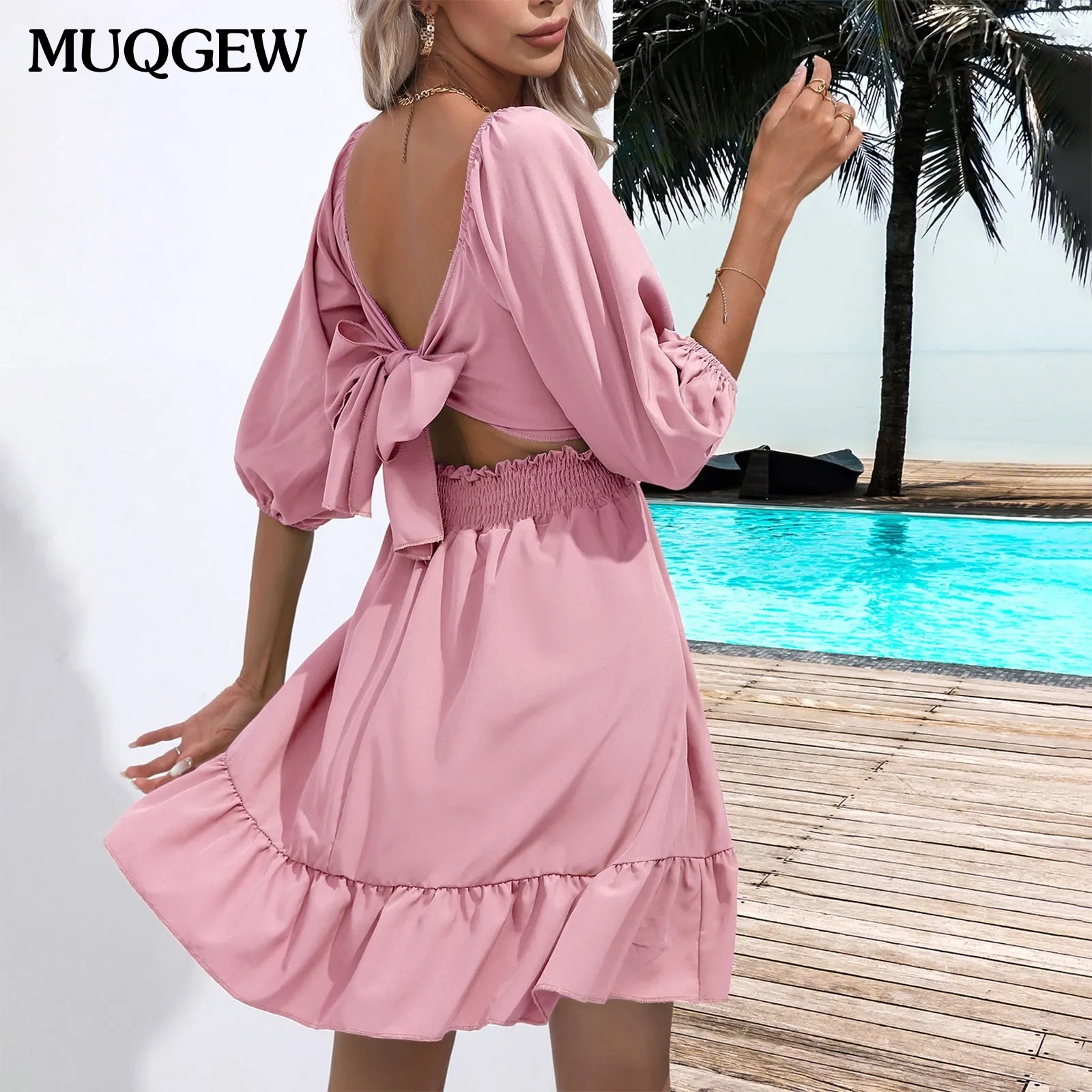 Solid Summer Y2k Dress Backless Lace Up Ruffles Ruched Solid Square Neck Flounce Dress Boho Puff Sleeve Elegant Dresses 2024