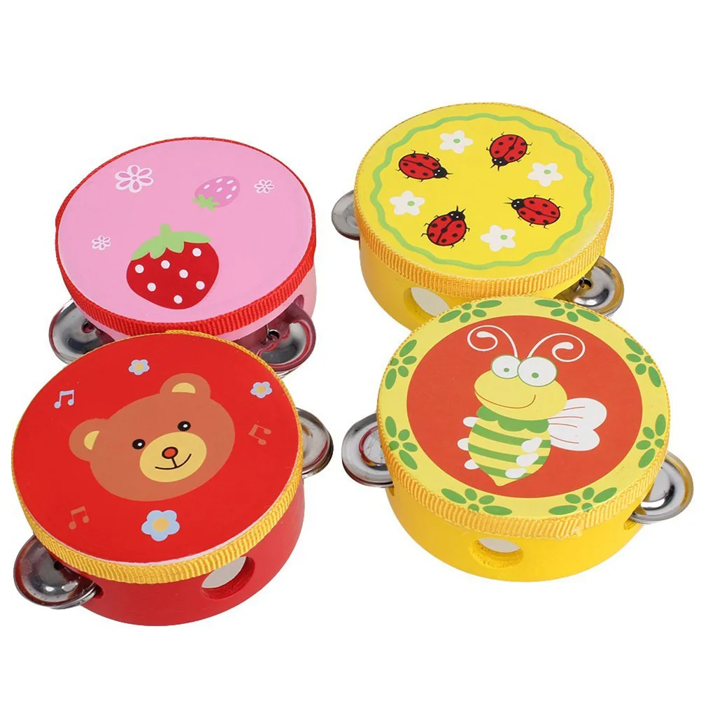

10Cm Wooden Handbell Musical Tambourine For Arm Exercise Animal Pattern Colorful Rattle Clap Drum Play