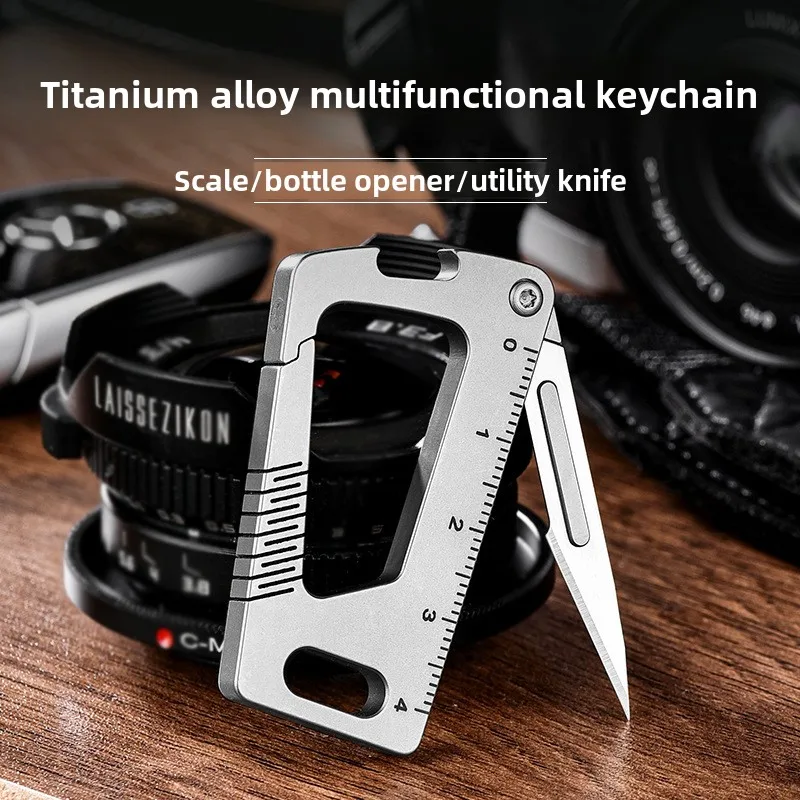 Multifunctional Titanium Keychain With The scale, mini cutter,EDC titanium keychain bottle opener carabiner for outdoor