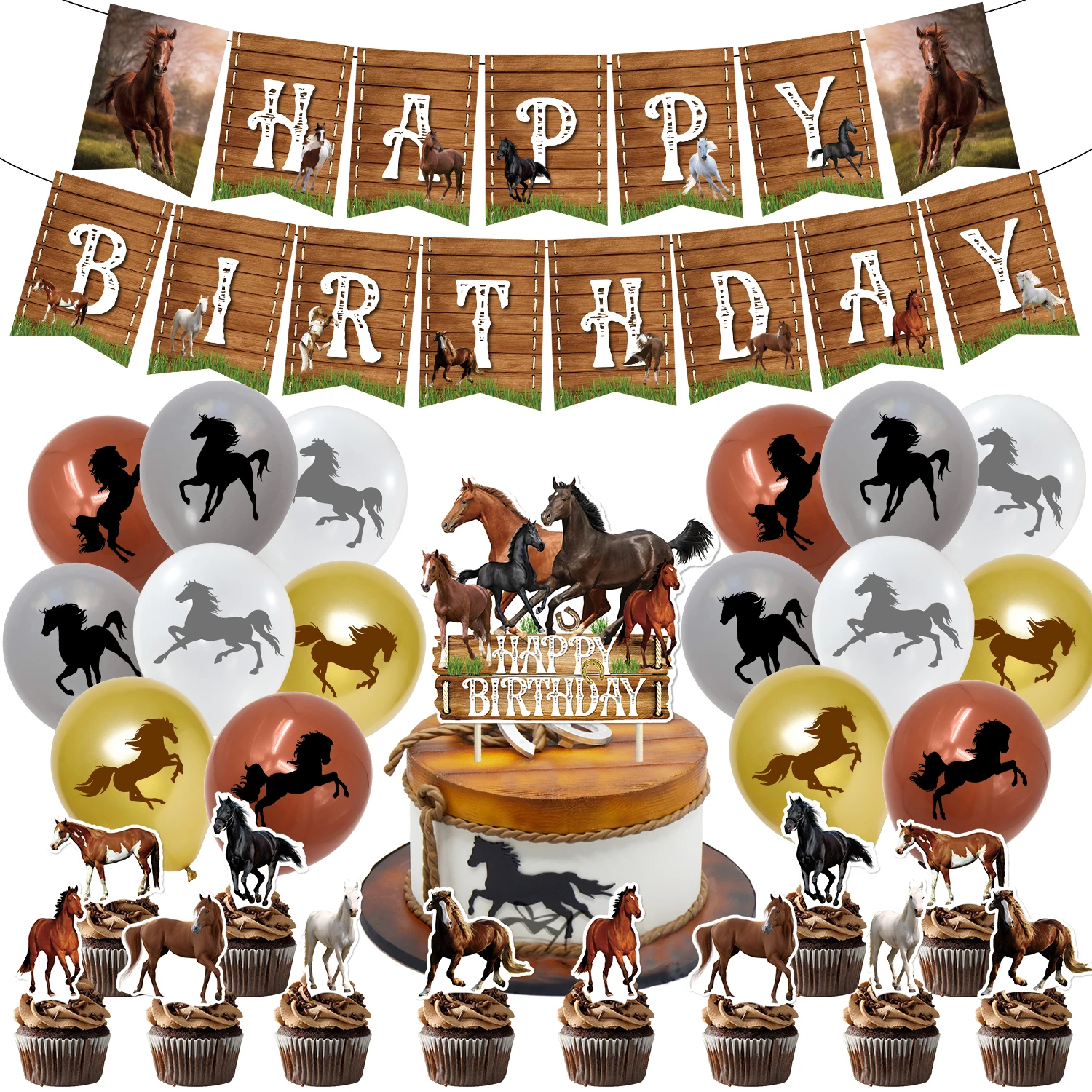 JOYMEMO Horse Theme Birthday Party Decoration Western Cowboy Party Supplies Horse Balloon Set Birthday Banner Horse Cake Topper