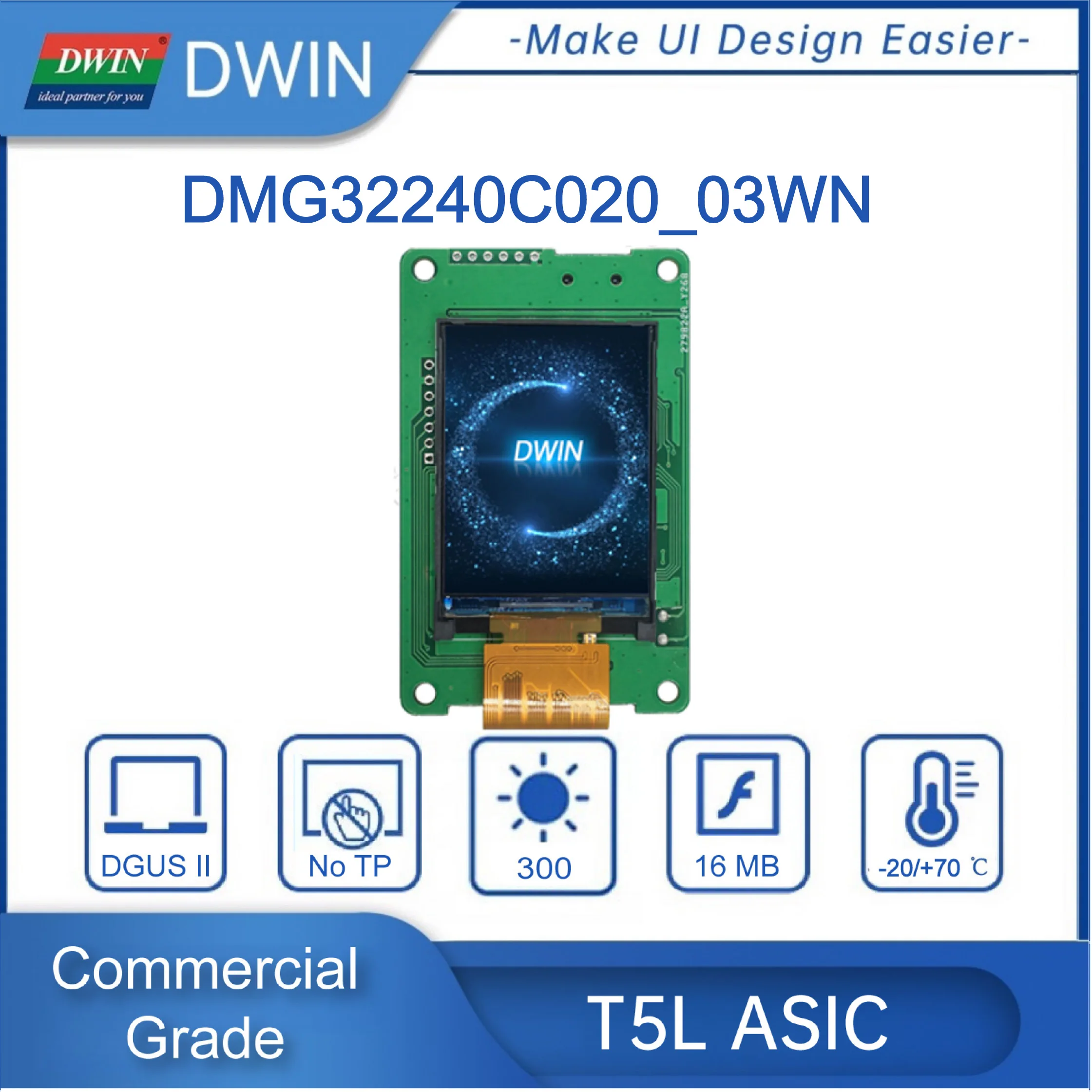 DWIN-Smart LCD Display Panel, Módulo Inteligente, Resolução 240x320 Pixels, 262K Cores, IPS, TFT, DMG32240C020 _ 03W, 2.0"
