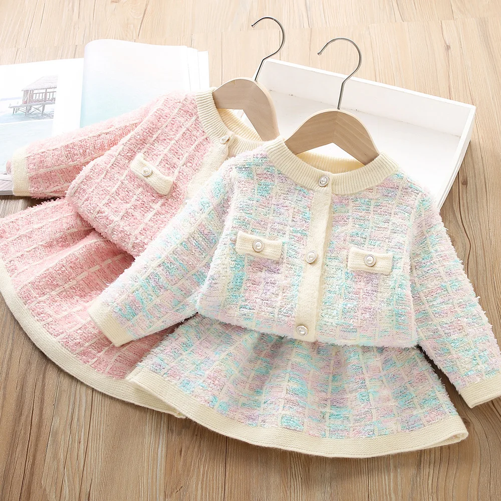 Girls Clothes Sets Spring Autumn Children Woolen Jersey Sweaters Coats Skirts Party Dress Suit For Baby Knitted Outfits Kids 5 6