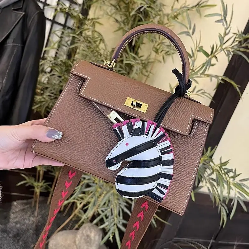 Zebra unicorn horse head fringed sheepskin bag pendant handmade custom leather car rearview mirror high-end pendant