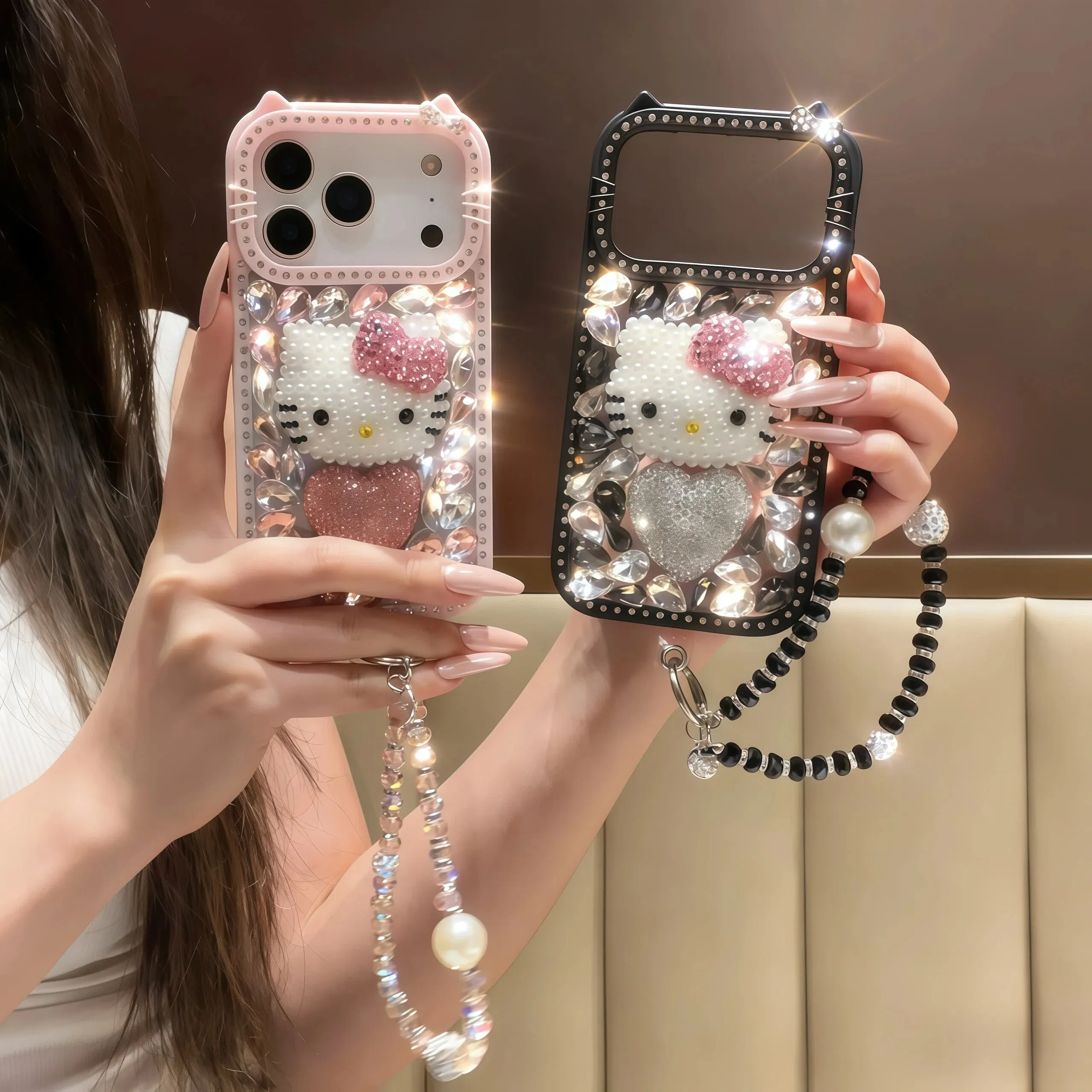 

Fashion Glitter Diamond Hello Kitty Heart Phone Case For iPhone 17 16 15 14 13 Pro Max Plus 17 Pro Girl Phone Case with Lanyard