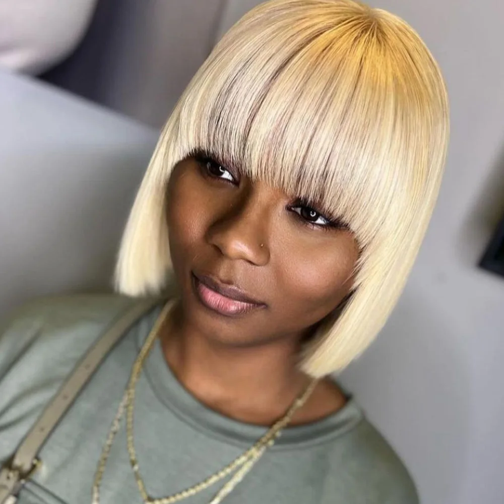 Блондинка, прямые человеческие волосы, парик Боб с челкой, полностью машинный парик для женщин, парик Боб, 613, цвет