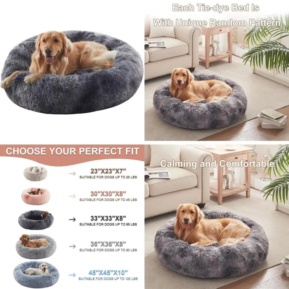 

Large Round Dog Bed for Calming Rest, Removable Washable Cover, Up to 80 lbs, Tie-Dye Grey