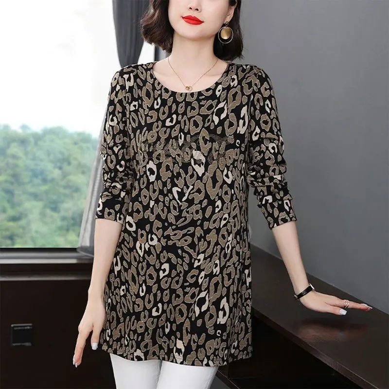 Women\'s Clothing Leopard Printed Pullovers Vintage Casual O-Neck Spring Autumn Long Sleeve Stylish Diamonds Loose Midi T-shirt