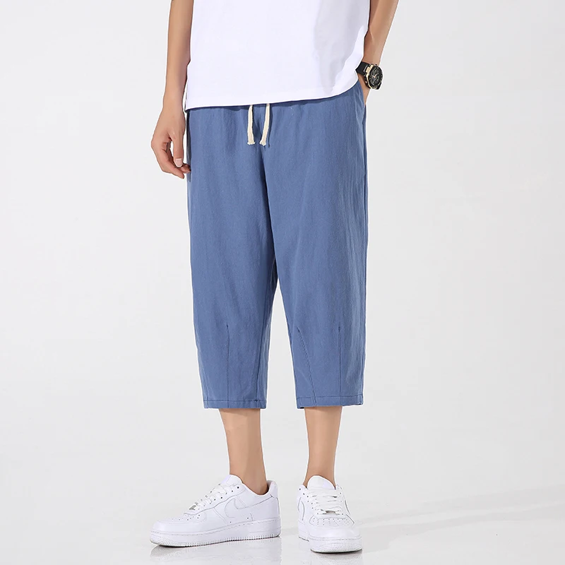 

Men's Summer Thin Ice Silk Linen Sports orts Trendy Loose Wide Leg Cotton Linen Pants Harajuku Sle Casual Loose Fit Youthful