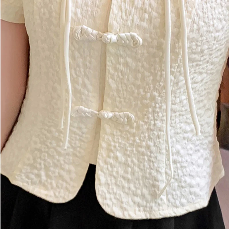 Vintage Chinese Style Chiffon Shirt Women Summer 2024 New Working Clothes Short-sleeved Top Female Clothing Lace-up Button Shirt