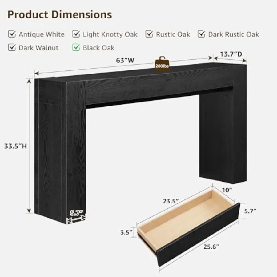 63 Console Table with Drawers for Entryway Use, Solid Wood, Black, Heavy-Duty Thick Block Design