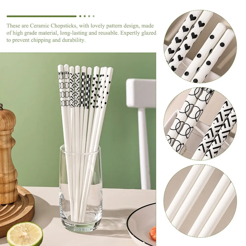

5Pairs Ceramic Chopsticks Smooth Comfortable Handle Reusable Household Kitchen Tableware Multi-Use Chopsticks for Family