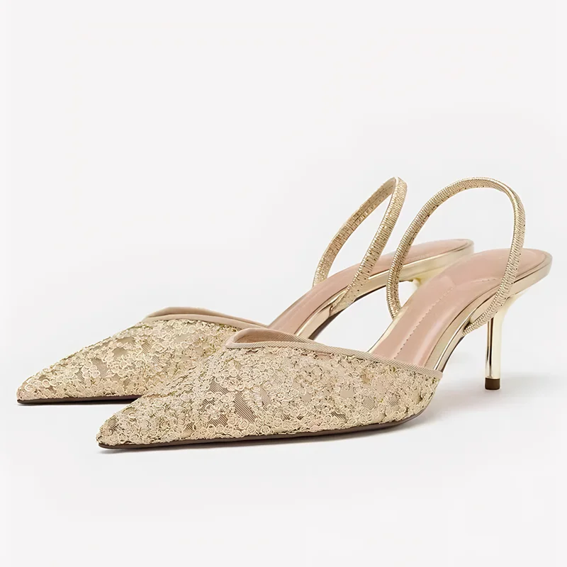 

Модные женские туфли на каблуке с золотой сеткой и вышивкой в виде цветов, пикантные сандалии с острым носком и ремешком сзади, элегантные модельные туфли для банкета