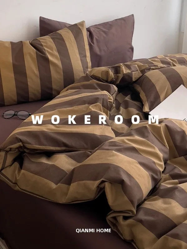 

Комплект постельного белья Mocaca из чистого хлопка, коричневый в полоску, нейтральный, простой, из четырех предметов, для двуспальной кровати, с дизайном балдахина