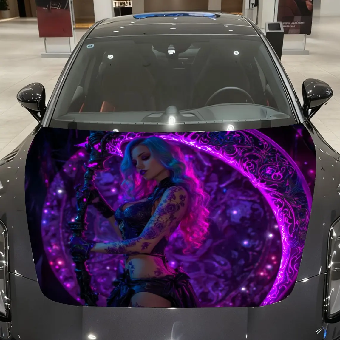 

Tattooed Woman Holding Carved Scythe Car Vinyl Wrap, PVC Material Waterproof Car Hood Sticker, Self-Adhesive Scratch-Resistant S