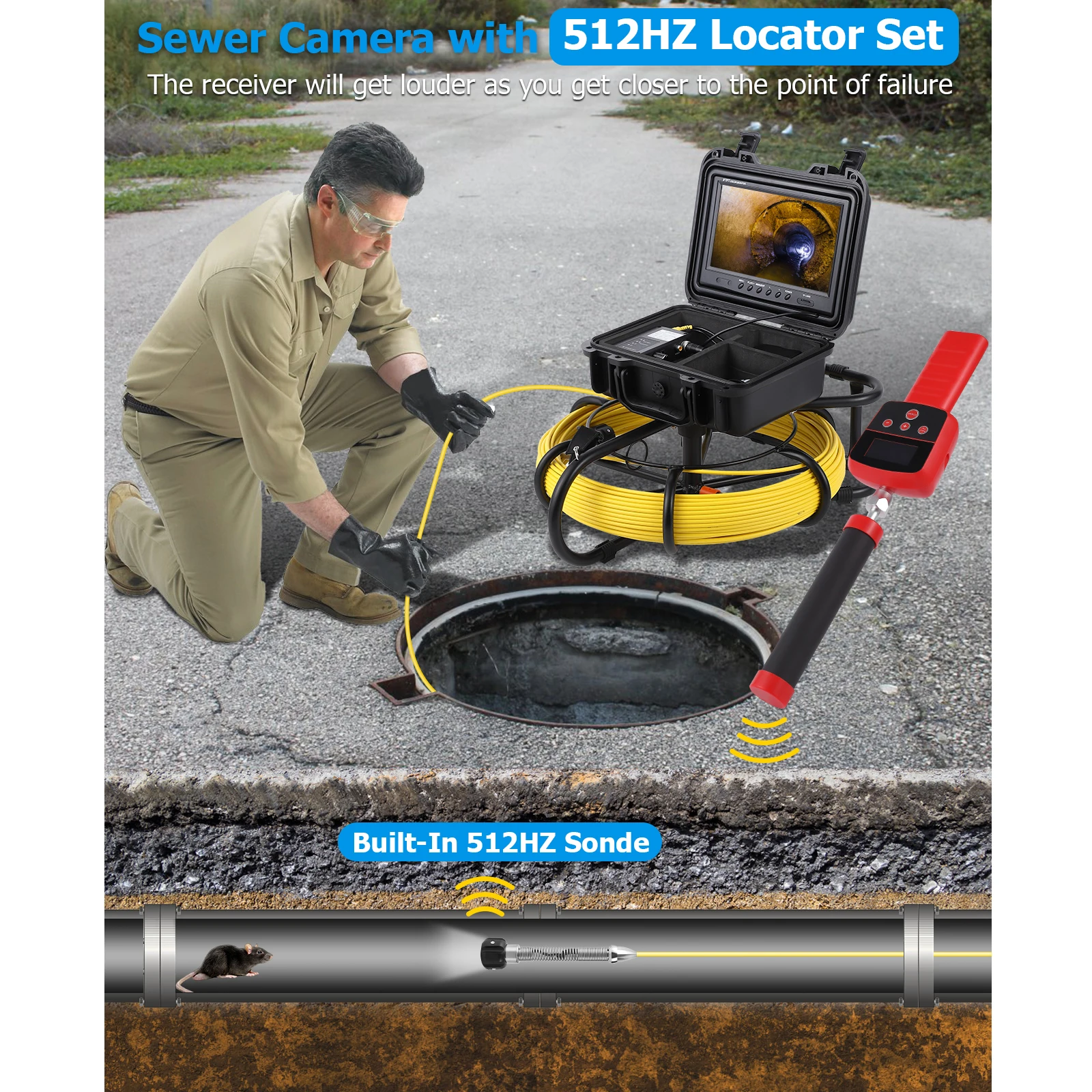 Sewer Camera With Locator, 300 ft Snake Camera With 9 Inch HD LCD, DVR And Adjustable LEDs, Self Leveling,IP68 Waterproof