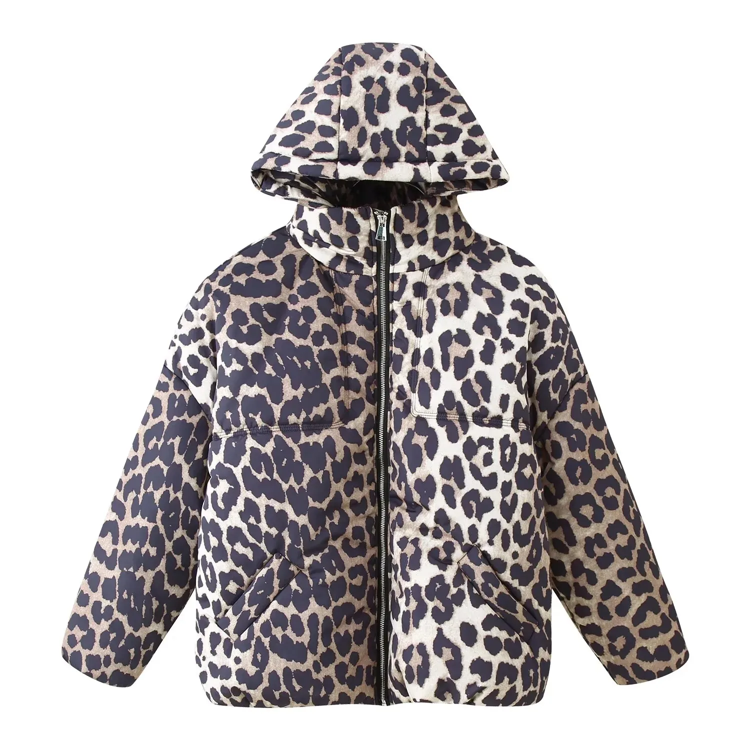 Chapéu destacável com zíper sle longo sve gola leopardo impressão ort algodão jaet feminino inverno nova chegada outerwear