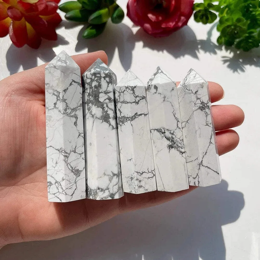 40-90mm Natural Stone White Howlite Tower Healing Crystals Obelisk Wand Crystal Hexagonal Single Point Home Decor Spiritual Gift