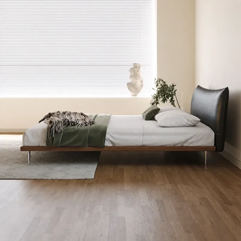 Italian Light Luxury Leather Bed Retro Minimalist Double Bed Master Bedroom Simple Solid Wood Flush Edge Wedding Bed