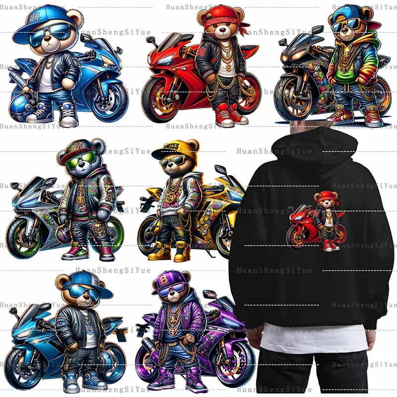 دراجة نارية تيدي بير نمط نقل الحرارة التصحيح الكي ملصق الملابس DTF موضة تي شيرت هوديي سترة ذاتية الصنع التصحيح ملصق Pa #1