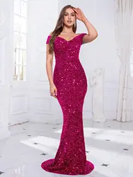 Slash Neck Sequined Long Party Maxi Dress Off the Shoulder Stretch Sleeveless Floor Length Evening Gown Red Black Green