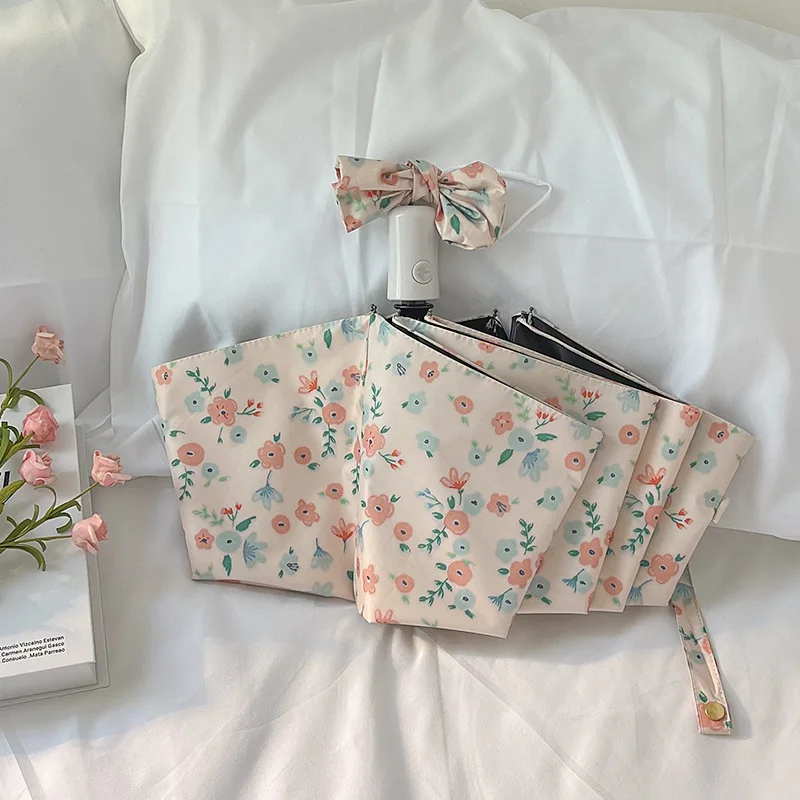 

Floral Umbrella Women Sunny and Rainy Umbrella Semi Automatic UV Protection Portable Black Coated Sunshade Foldable All-match