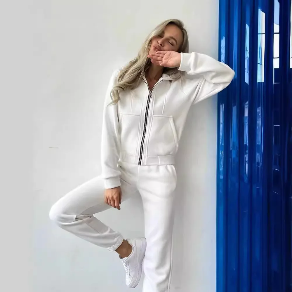 여성용 긴 소매 후드 지퍼 스웨터 슈트 겨울 출퇴근용 긴 소매 바지 세트 단색 패션 세트