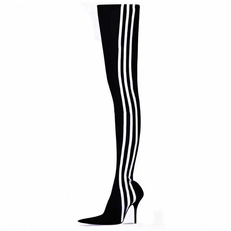 MKKHOU Fashion Over Knee Boots New High Quality Oointy Striped Matching Color High Heel Elastic Boots Modern Pants Shoes