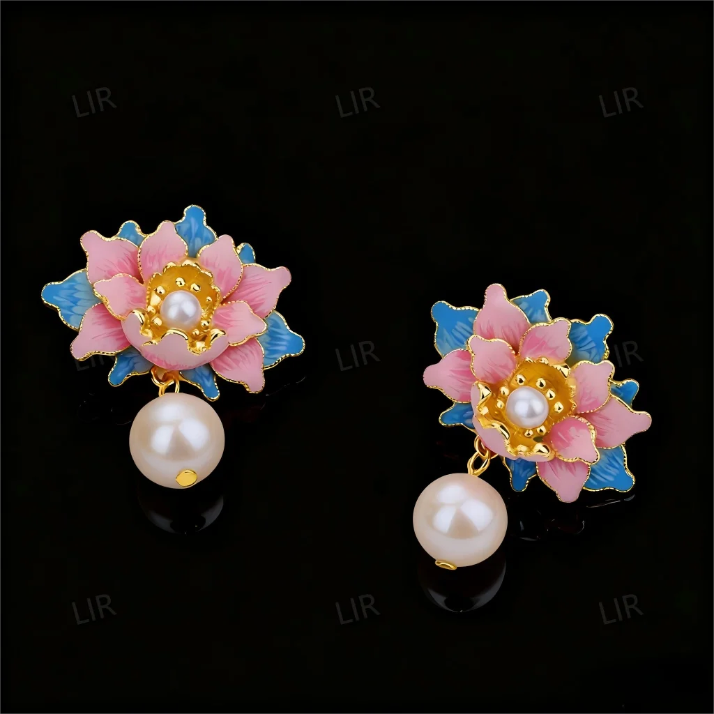 أقراط فضية S925: قطرة من المينا النابضة بالحياة "الفاوانيا الثروة" من اللؤلؤ الطبيعي |   الثروة - الجذب + شهادة المجوهرات