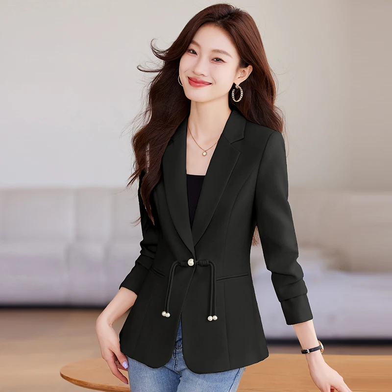 NAVIU Frühling Herbst Frauen Blazer Beige Schwarz Blazer Damen Business Arbeit Tragen Langarm Single Button Formale Weibliche Jacke