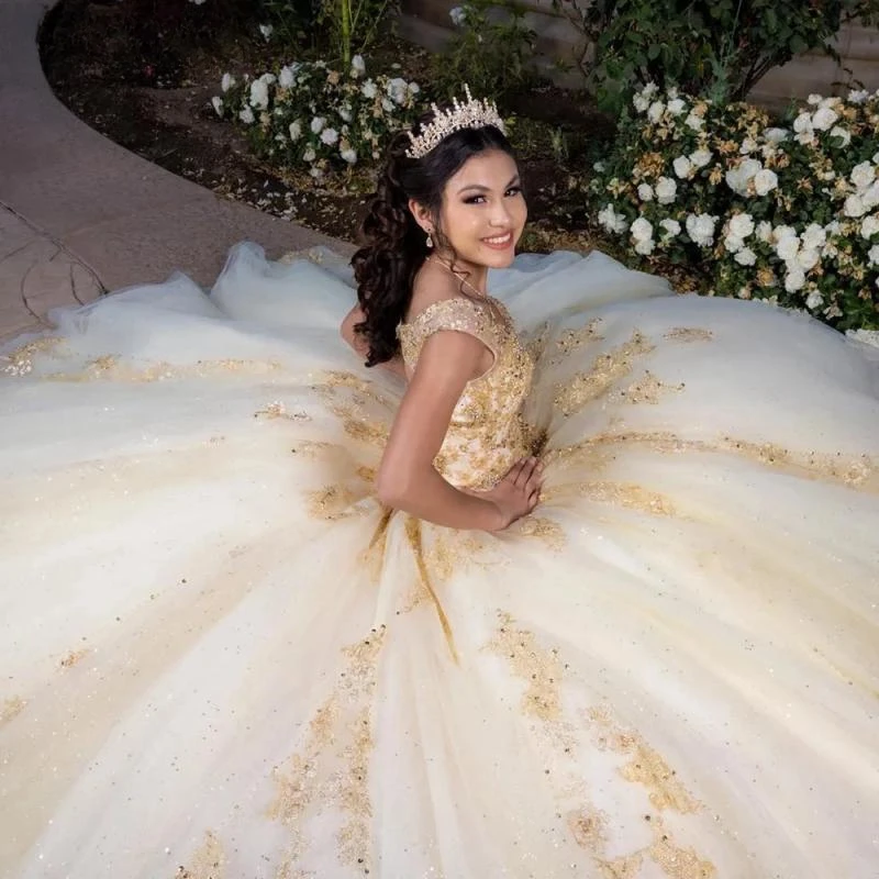 Vestido De Baile De Cristal Dourado, Vestidos Quinceanera, Fora Do Ombro Apliques, Espartilho De Renda, 15 Anos