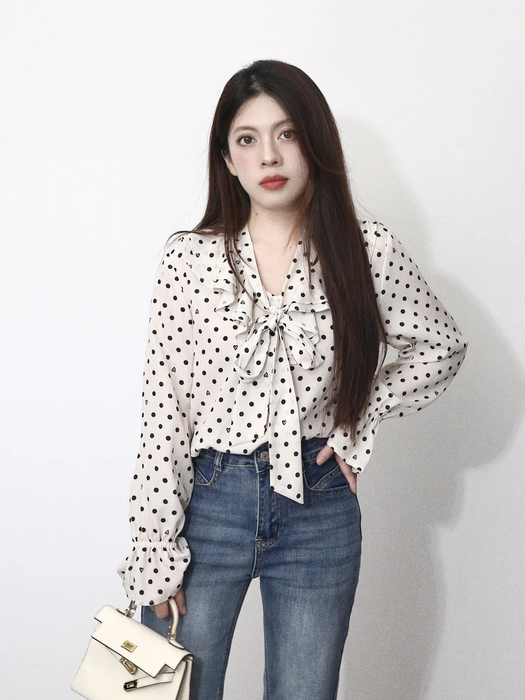 

Женская модная блузка с длинным рукавом из шифона в итальянском уличном стиле, в горошек, с завязками, прямого кроя, для осени