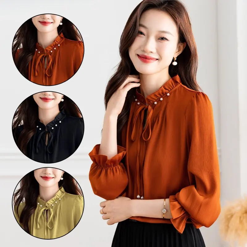 Elegant Fashion Beaded Satin Tops 2024 Spring New Long Sleeve Women Blouse Lace up Wooden Ear Collar OL Shirt Blusa