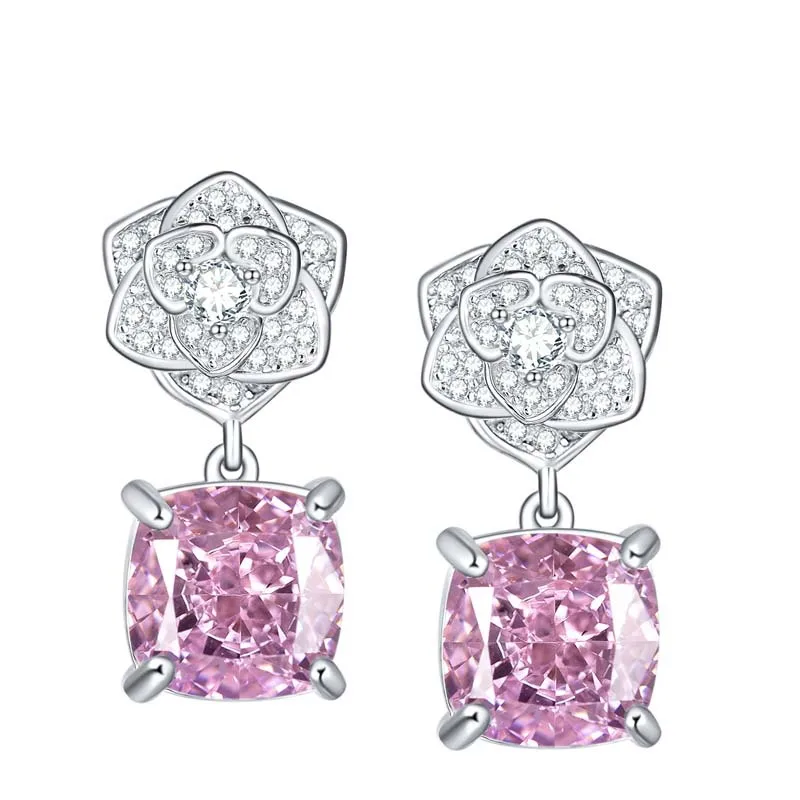 

N Rose Camellia Inlaid Pillow-shaped 8 * 8m Pink Ice Flower Cut High Carbon Diamond Stud Earrings