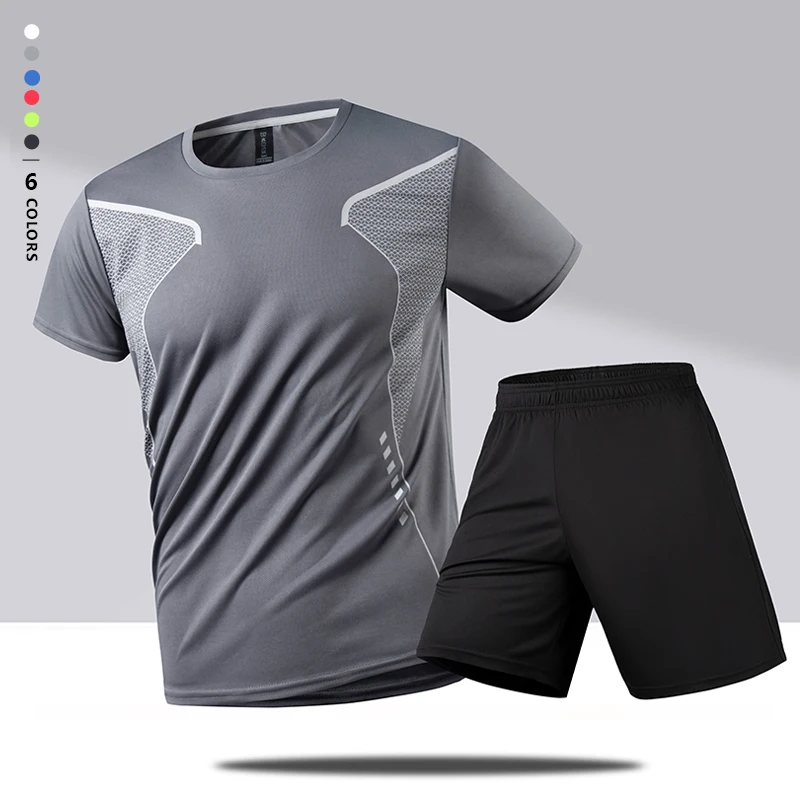 Active Quick Dry Crew Neck T Shirts and Shorts Set Men Athletic Workout Short Sleeve Clothes Basketball Running Gym Sports Suit