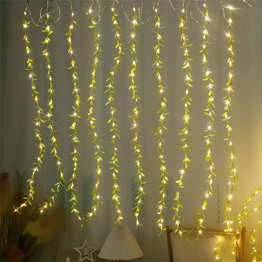 3X2M 200 LED Artificial Vines Curtain Lights Fake Willow Leaves Curtain Fairy Lights USB Powered Green Fake Plant String Light