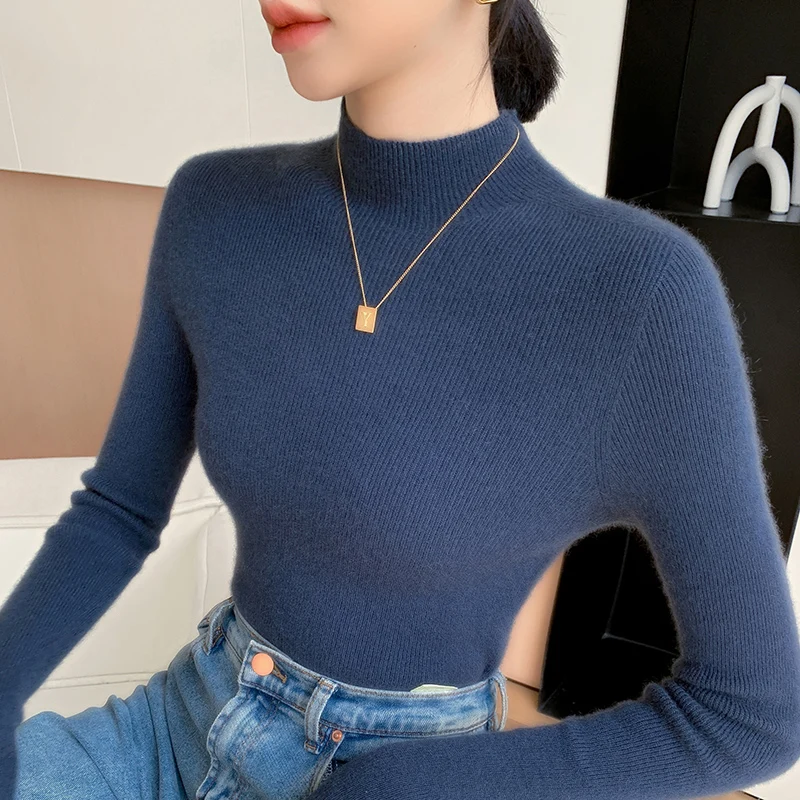 New First-Line Ready-To-Wear Semi-High Neck 100% Cashmere Sweater Women\'s Pullover Long Sleeve Thin Casual Knitted Sweater