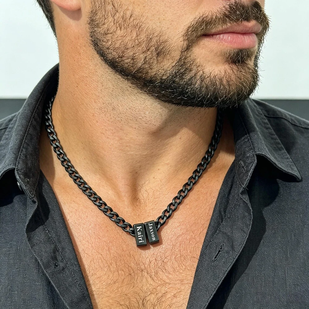 Men Custom Stack Square Block Engraved Name Cuban Link Necklace 3 Colors Stainless Steel Personalized Text Trendy Jewelry