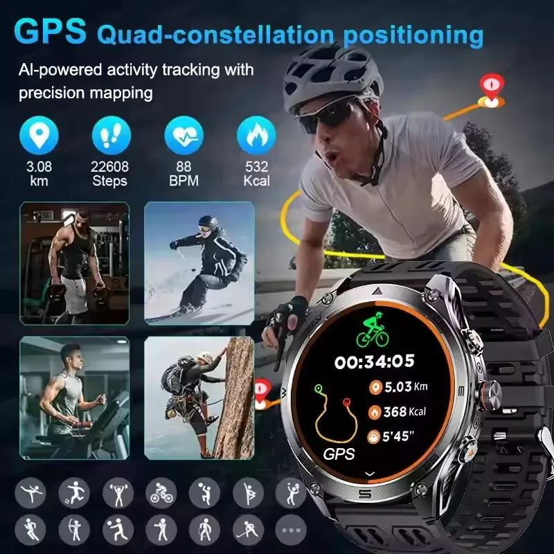 2025 جديد نظام تحديد المواقع SmartWatch الرجال 1000Mah بطارية البوصلة 5ATM مقاوم للماء تكتيكات الرياضة مصباح يدوي BT دعوة ساعة ذكية لنظام IOS أندرويد