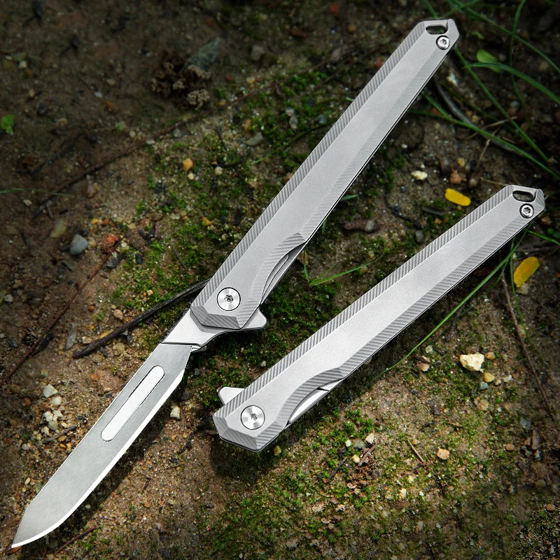 Titanium Alloy Fast Open Folding Knife Medical EDC Outdoor Unpacking Pocket Utility Knife 10PCS NO.60 Replaceable Blades