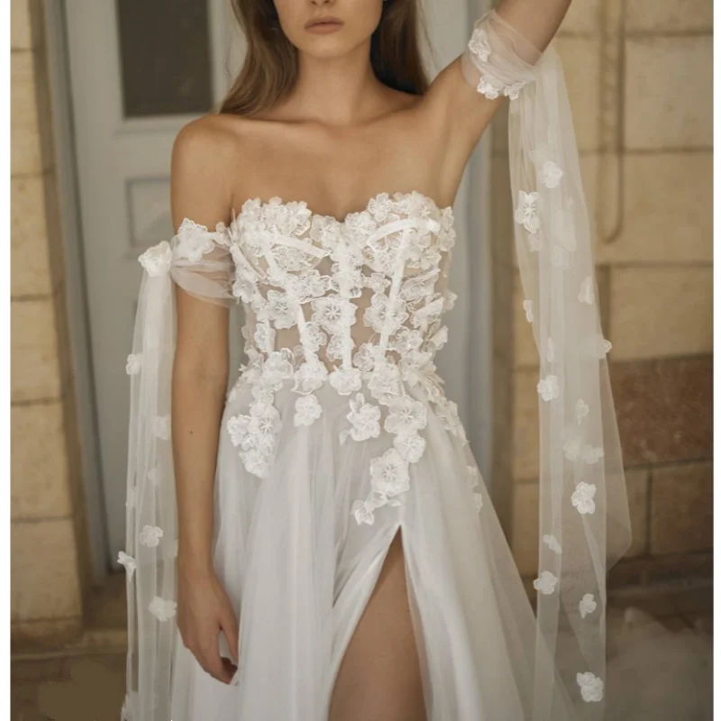 

2025 Women's Custom Wedding Dress One Shoulder Adorned With ThreeDimensional Flowers Skirt Made Of Thin Gauze Material High Slit