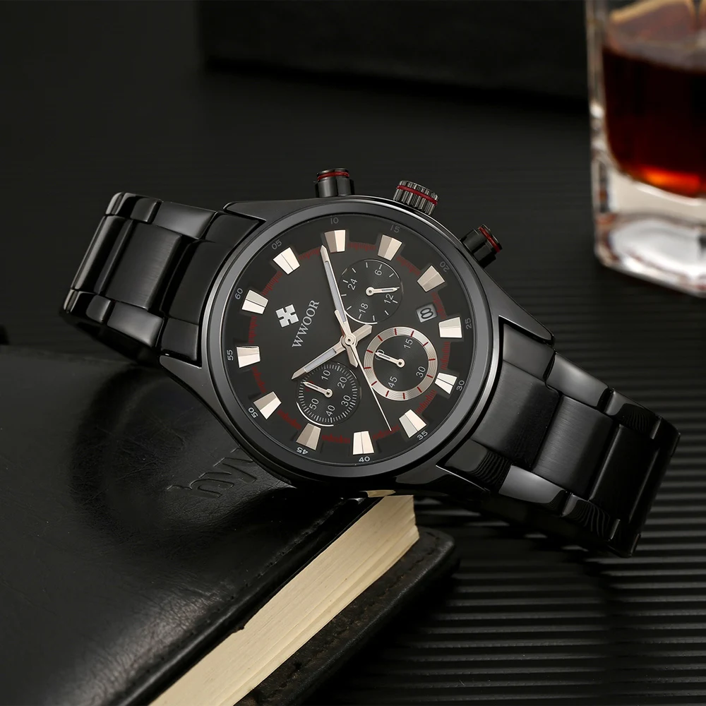 WWOOR Luxury Military Watch for Men Waterproof Luminous Date Chronograph Man Watch Sport Quartz Stainless Steel Men\'s Watches